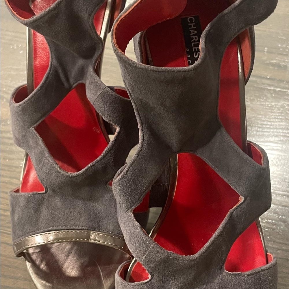 Charles Jourdan Gray and Red Sculptural Heels size 10 EUC